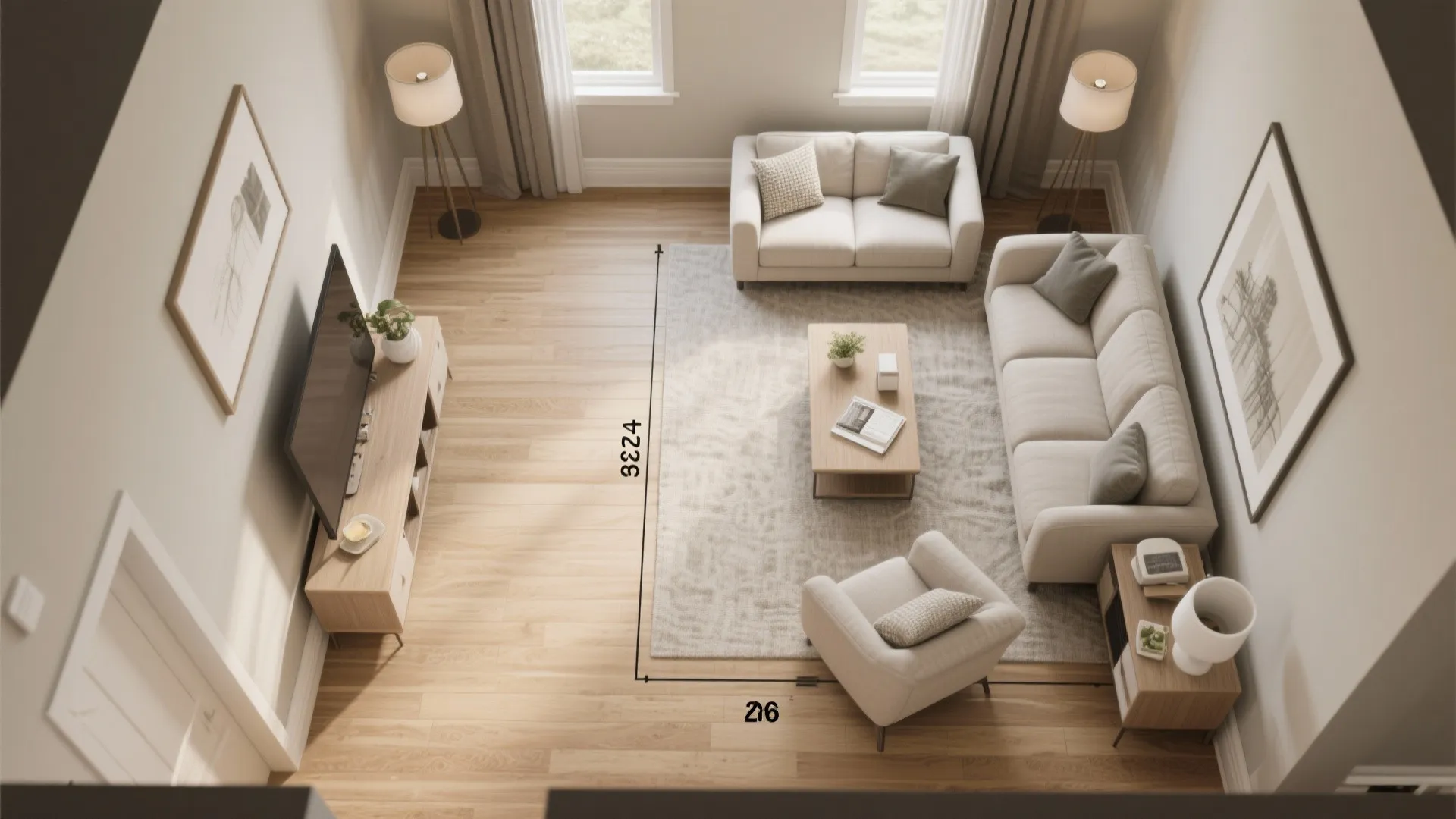 Top view of a neutral living room showing furniture layout with sofa coffee table and rug