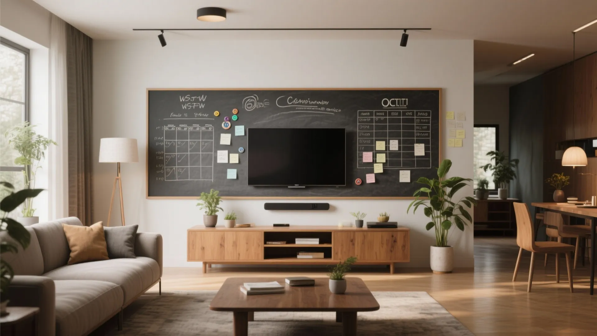 Living room with grey sofa, wooden cabinet, large chalkboard wall, television, and potted green plants