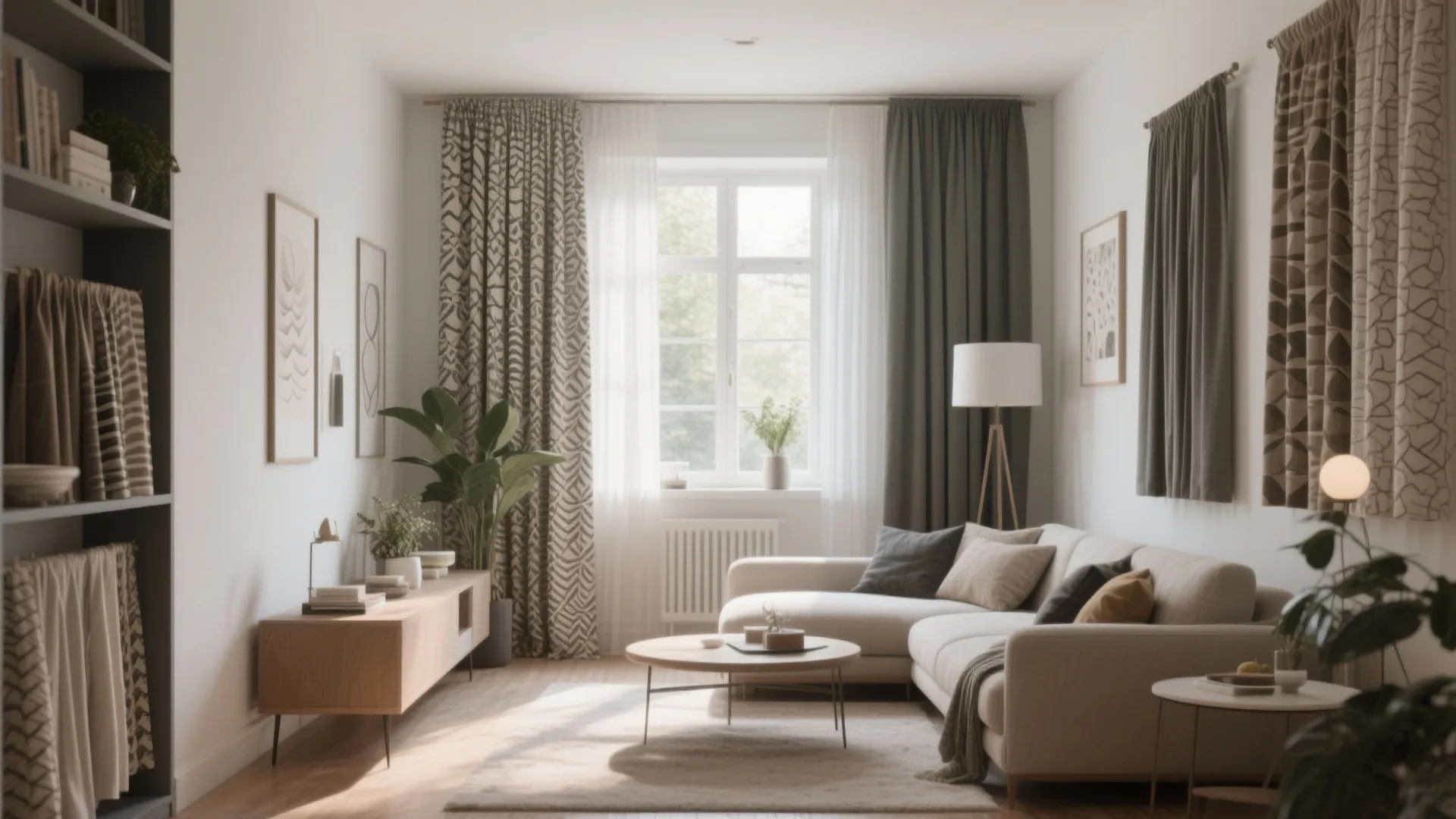 Modern living room with white sofa wooden coffee table patterned curtains window and floor lamp