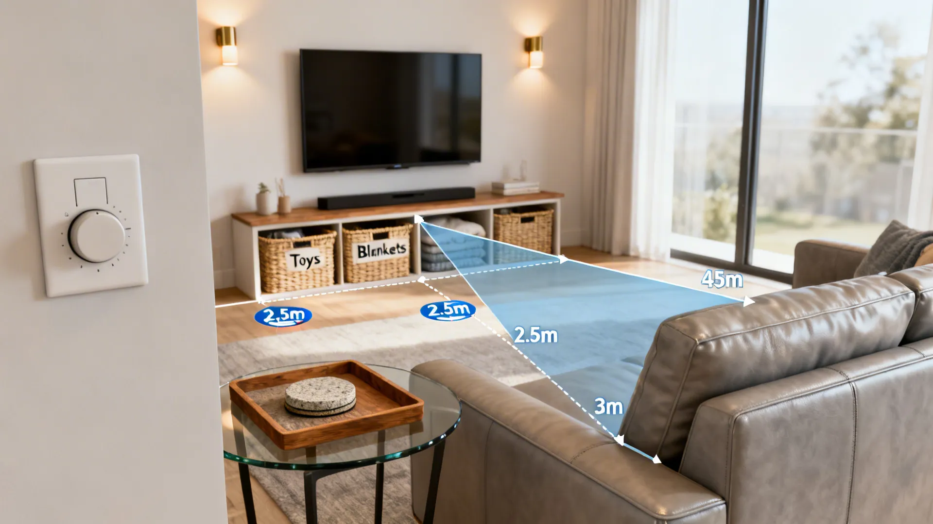 Diagram-style living room detail showing seating sightlines and protective surfaces.