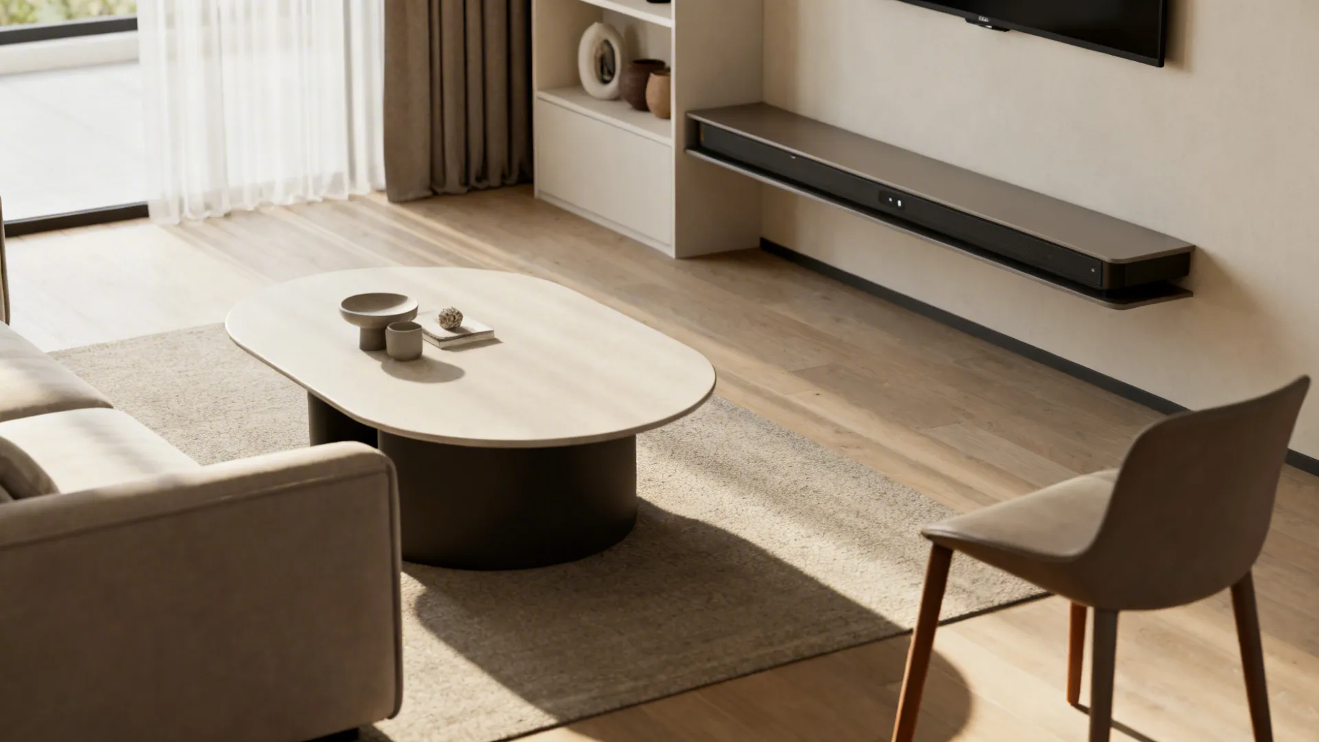 Vignette of essential living room pieces showing scale and circulation in a compact layout.