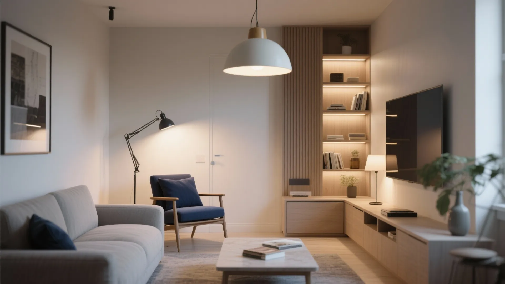 Modern living room with grey sofa blue chair wooden wall cabinet ceiling light and television