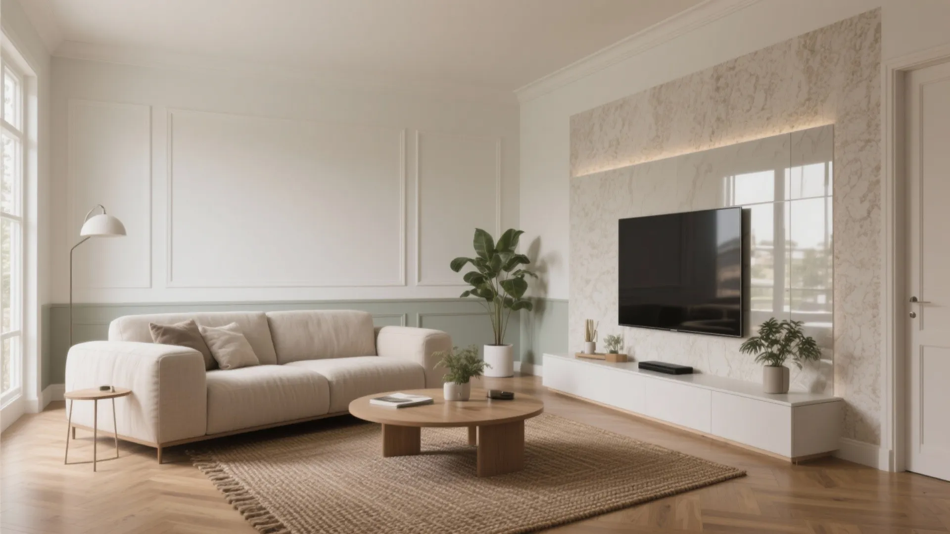Modern living room with wall panel details television on marble wall green plants and beige sofa