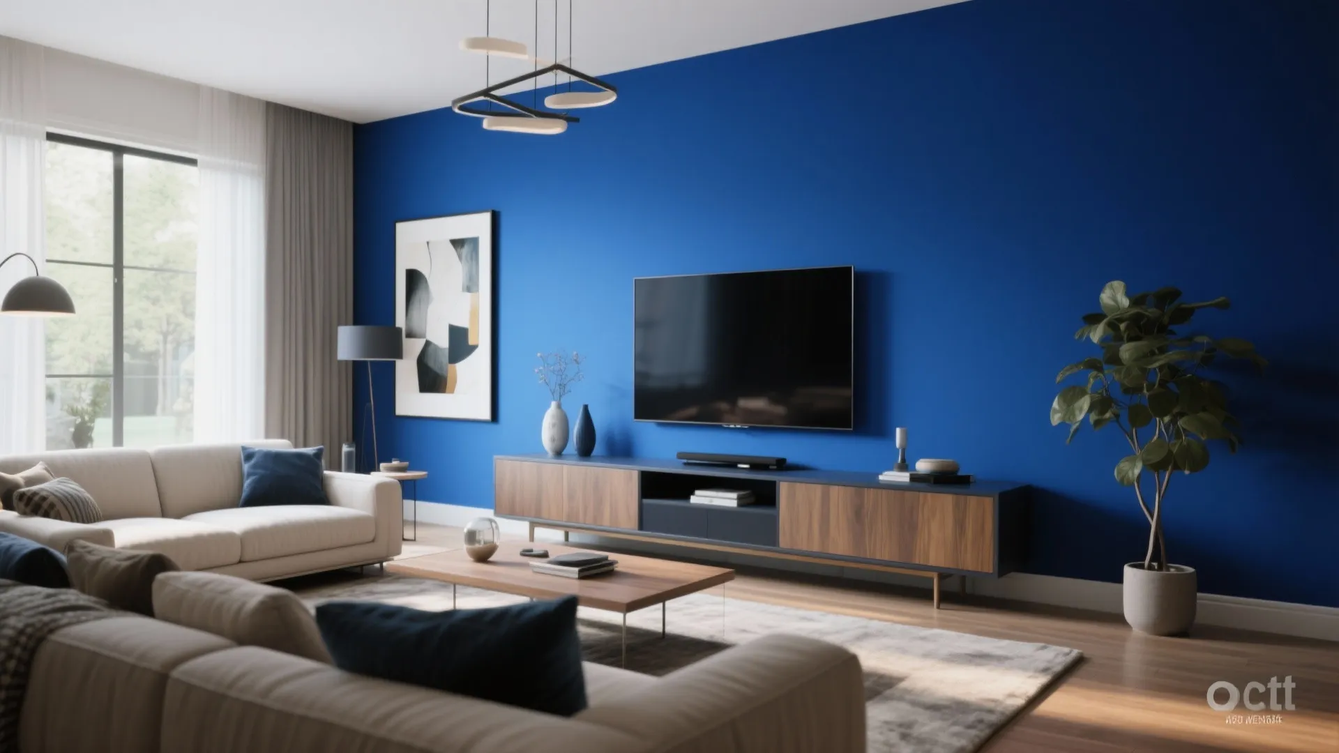 Modern living room with blue accent wall wooden cabinet television white sofa and black ceiling light