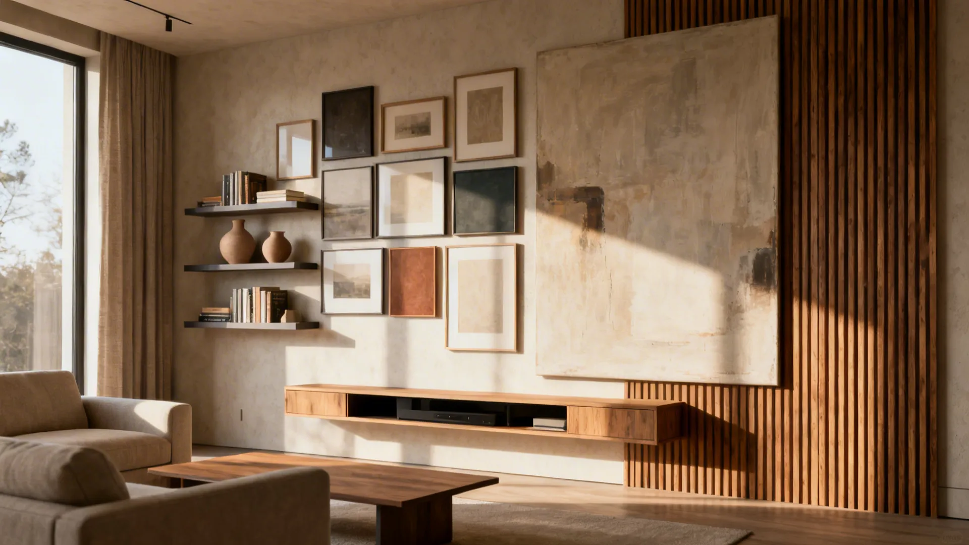 Modern living room with beige sofa wooden coffee table gallery wall art and wood wall panel
