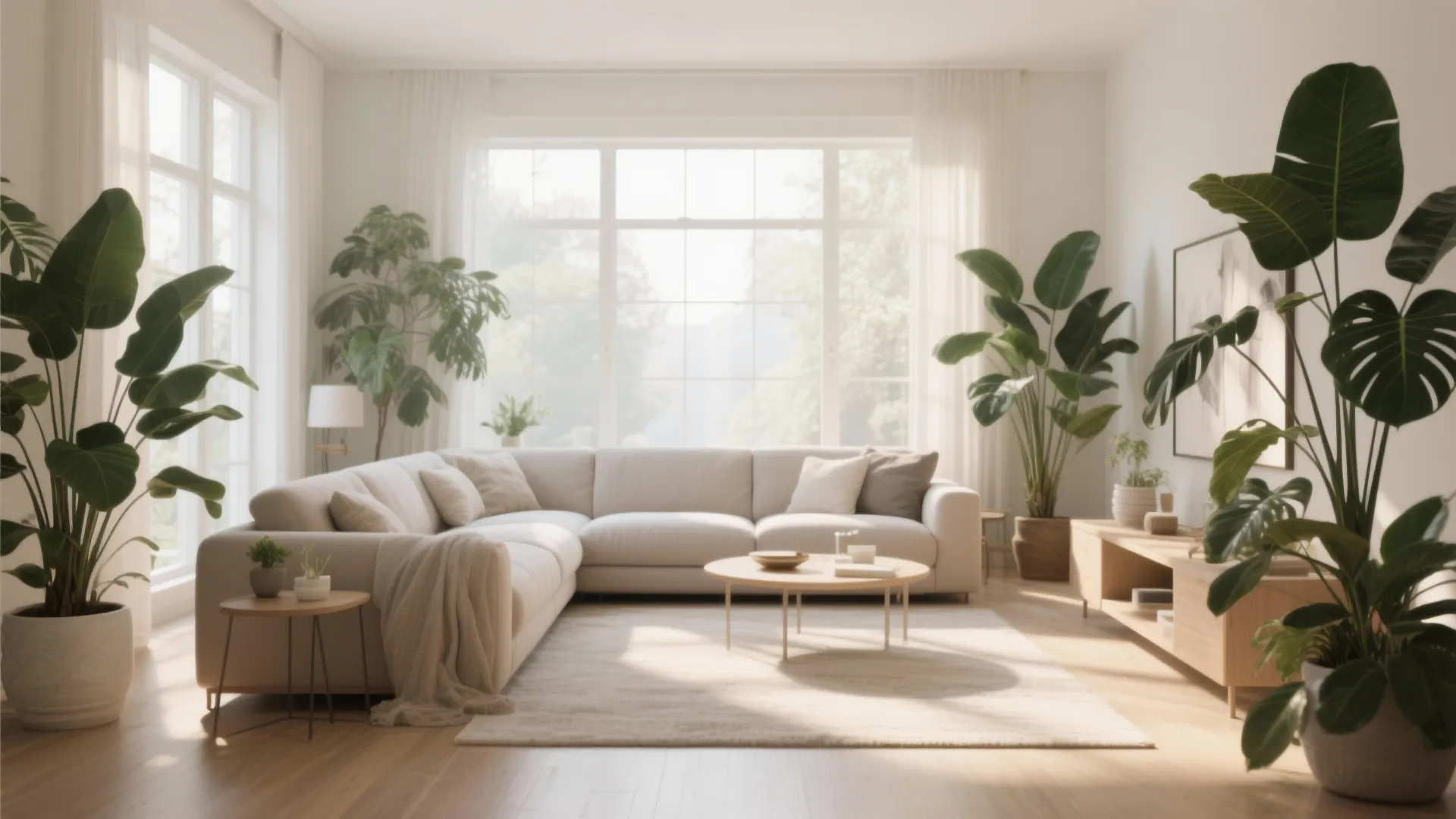 Bright living room with white sofa wooden coffee table large windows and many green plants