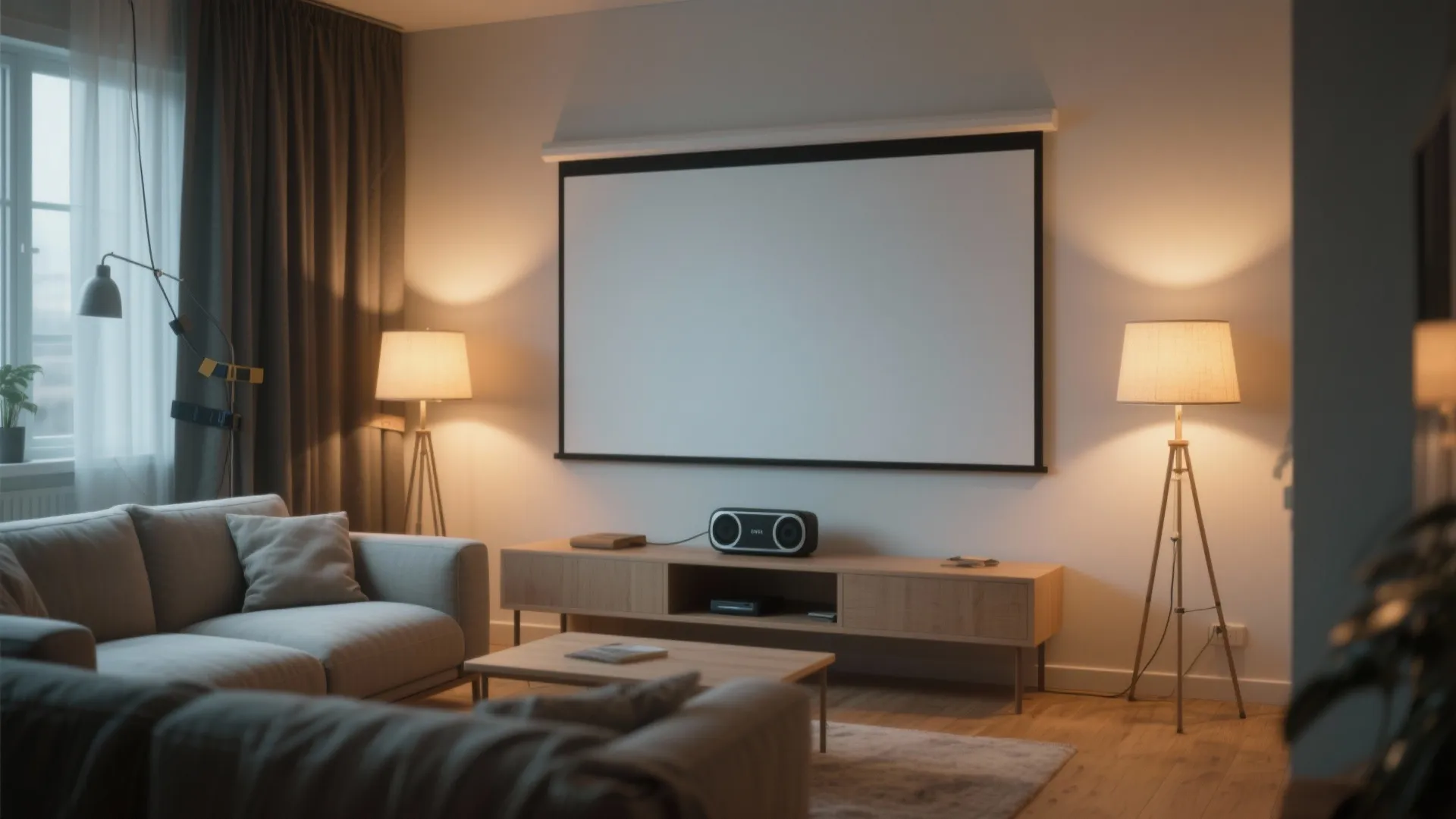 Modern living room with a large movie screen, grey sofa, wooden cabinet, and floor lamps