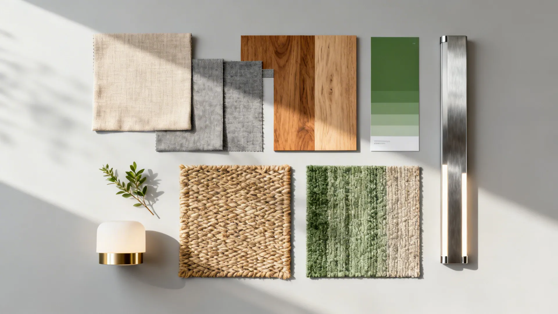 Flat-lay of neutral fabrics, warm wood, muted green paint chip, and rug textures for a light small living room.