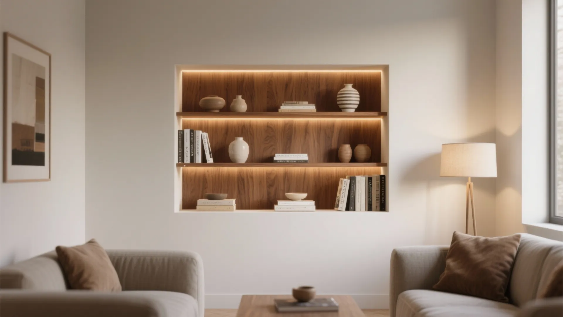 5) Recessed wall niches with integrated lighting for display and storage