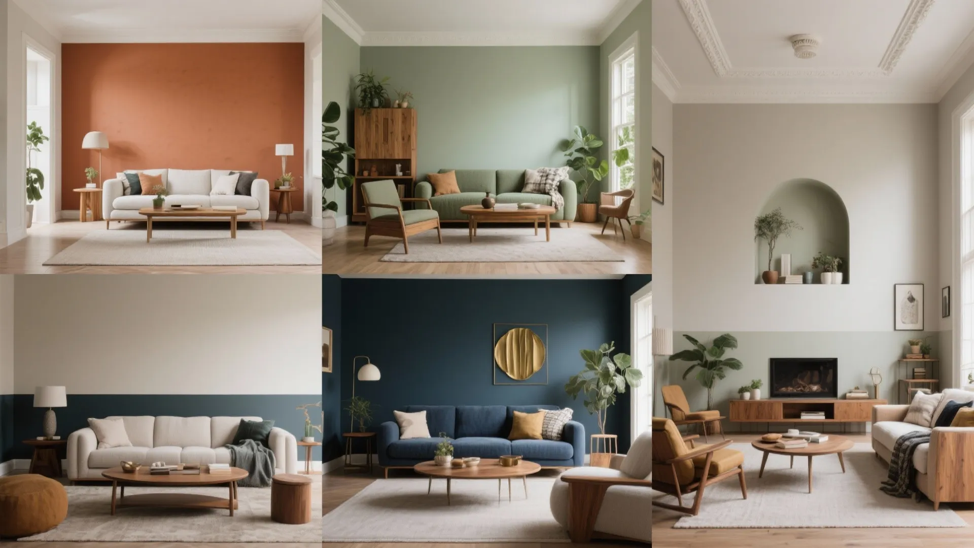 Interior design drawing collection showing various living room layouts with different wall colors and modern furniture