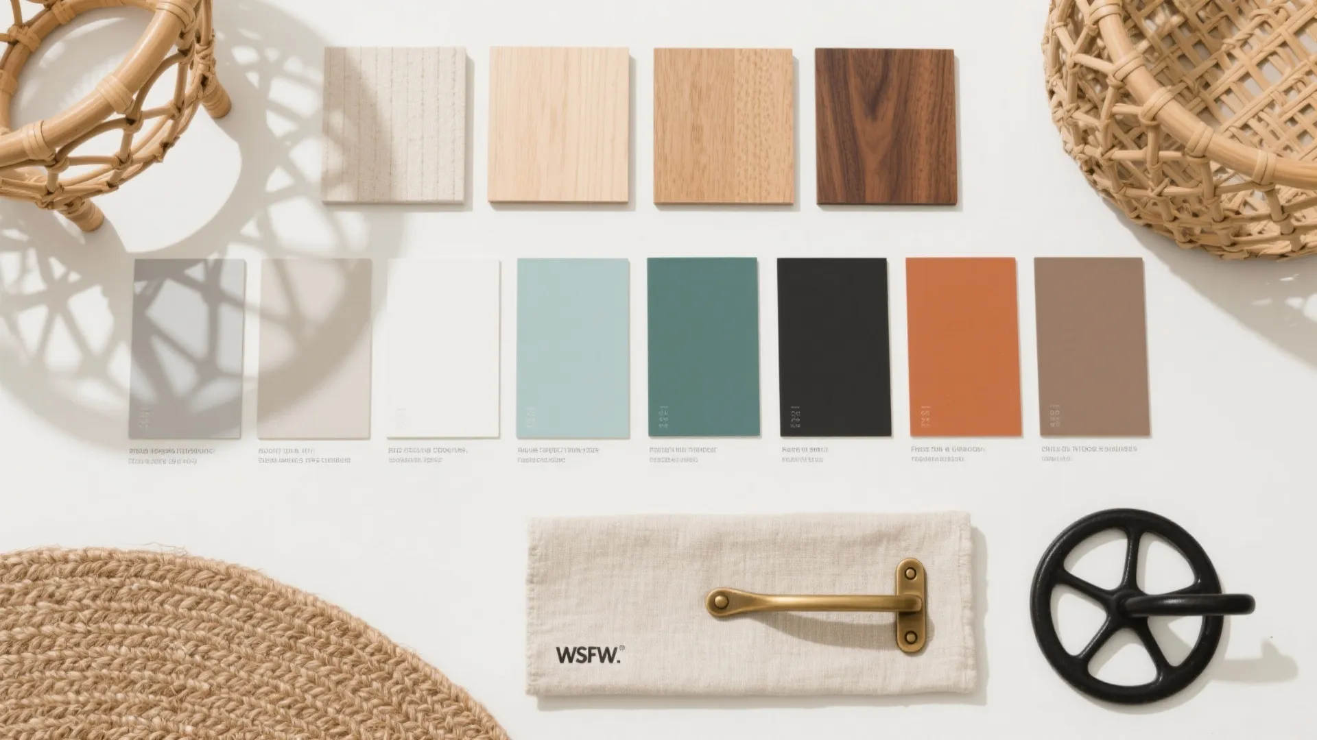 Top-down flat lay of paint swatches and materials: greige, blue-green, warm white, charcoal, terracotta, taupe, with oak, linen, jute, brass.