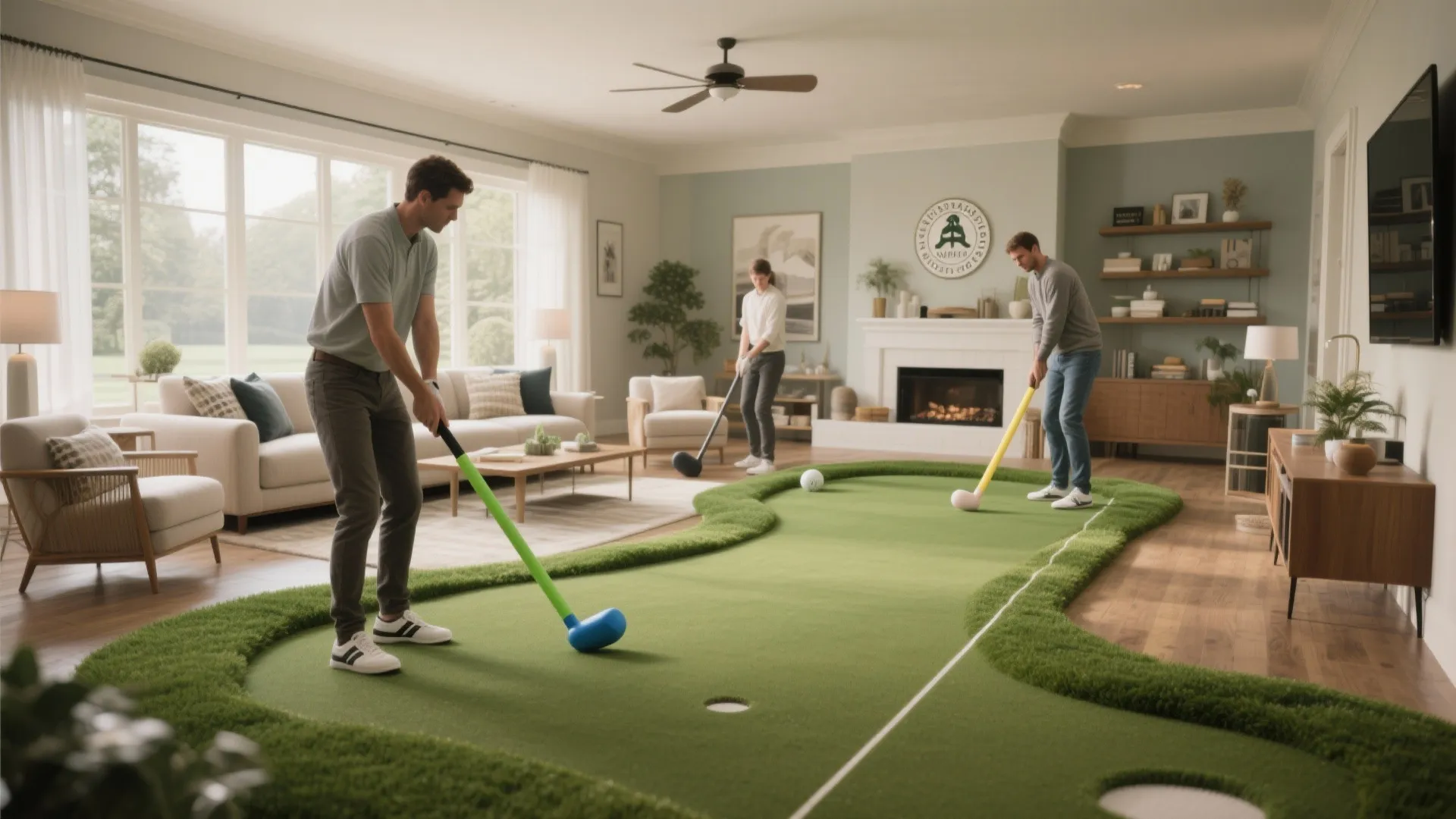 Indoor mini putting green in a Masters-themed living room