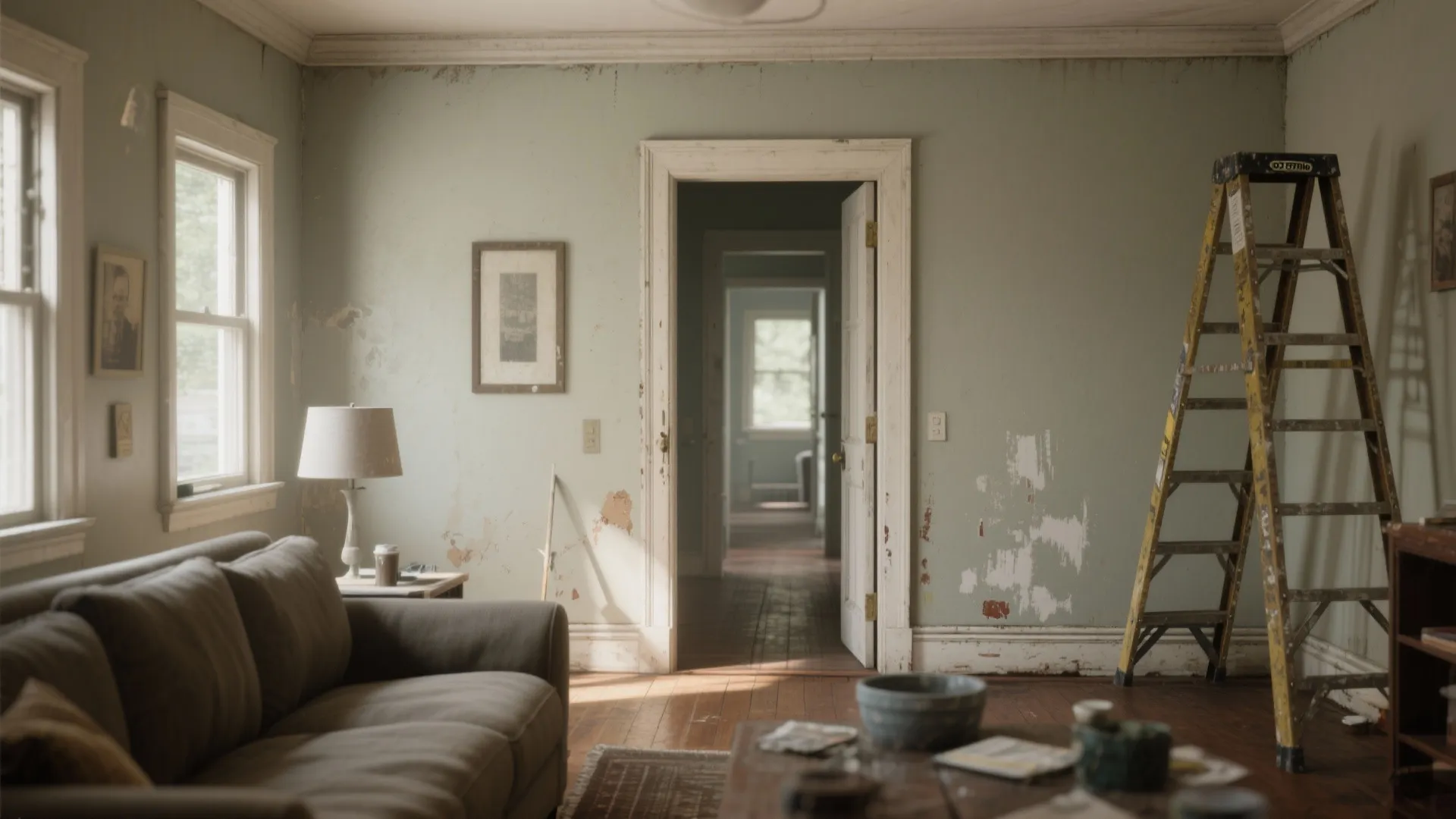 Old living room with peeling green wall paint and a yellow ladder for home renovation
