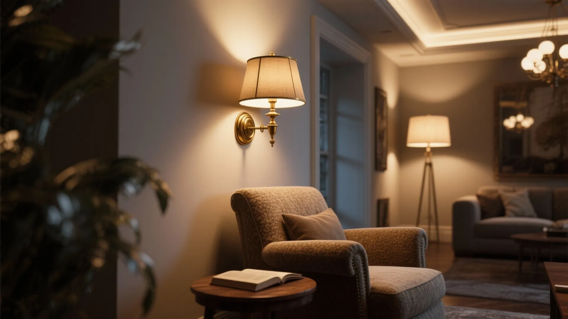 Living room reading corner with a shaded antique brass wall sconce creating a warm focal layer.