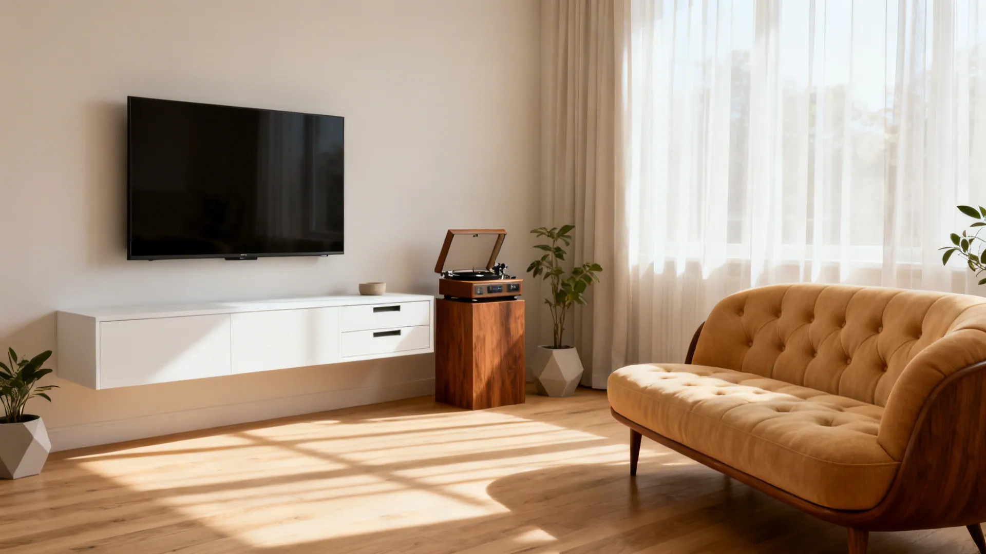 Modern living room with wall mounted television white floating cabinet yellow sofa and wooden floor
