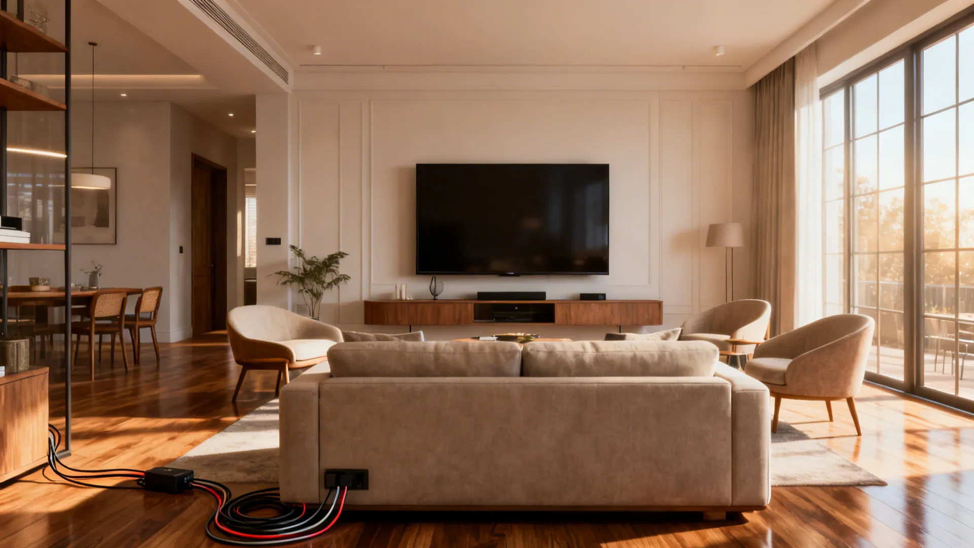 Modern living room featuring wall mounted TV wooden cabinet beige sofa chairs and large windows