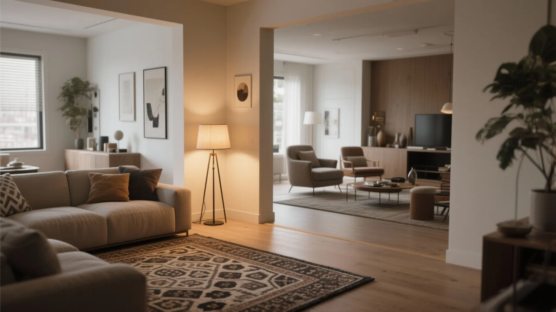 Open plan living room with sofa, floor lamp, wooden flooring, and a second seating area.
