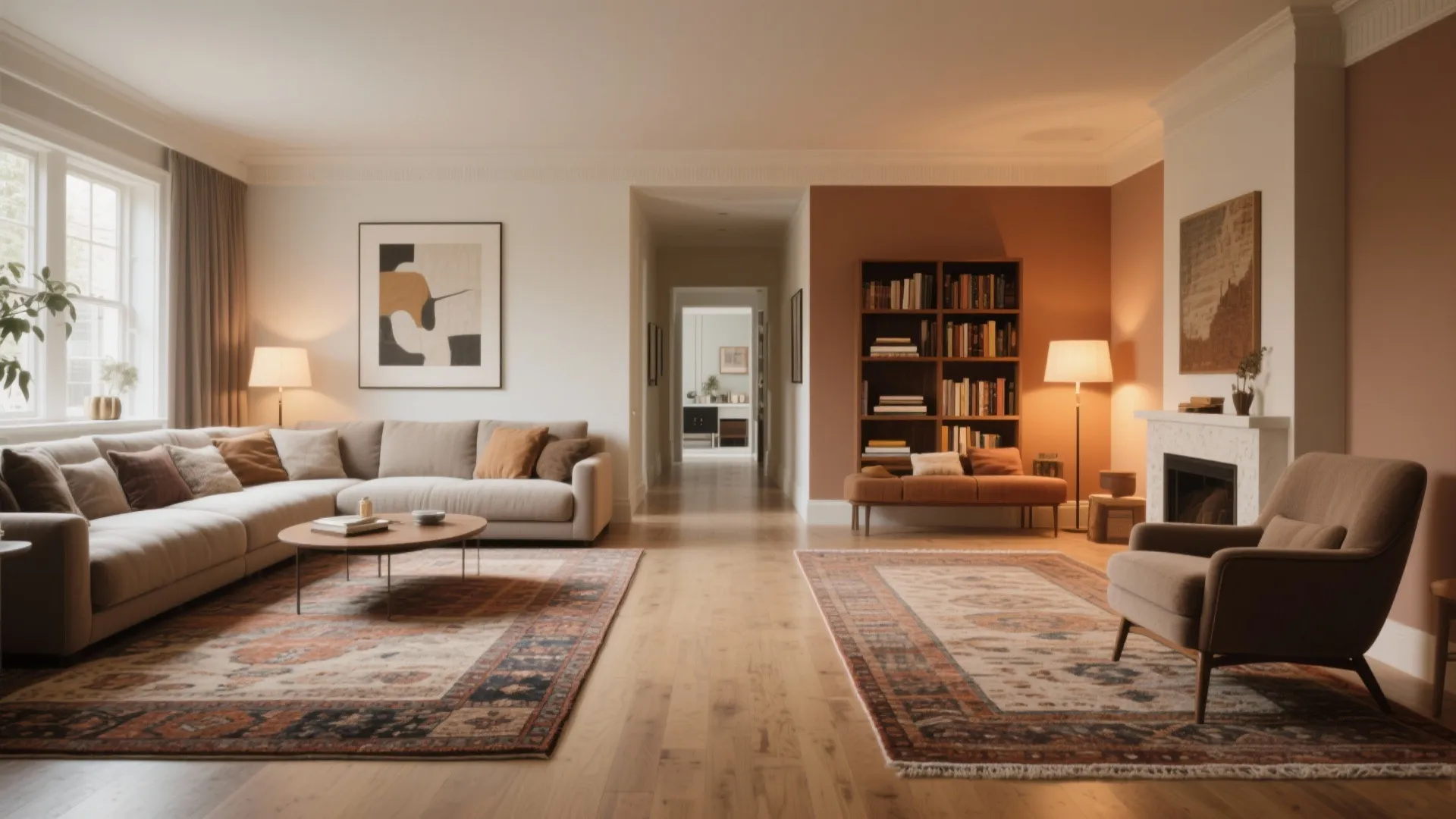 Spacious living room using patterned rugs to define seating areas with sofa fireplace and floor lamps