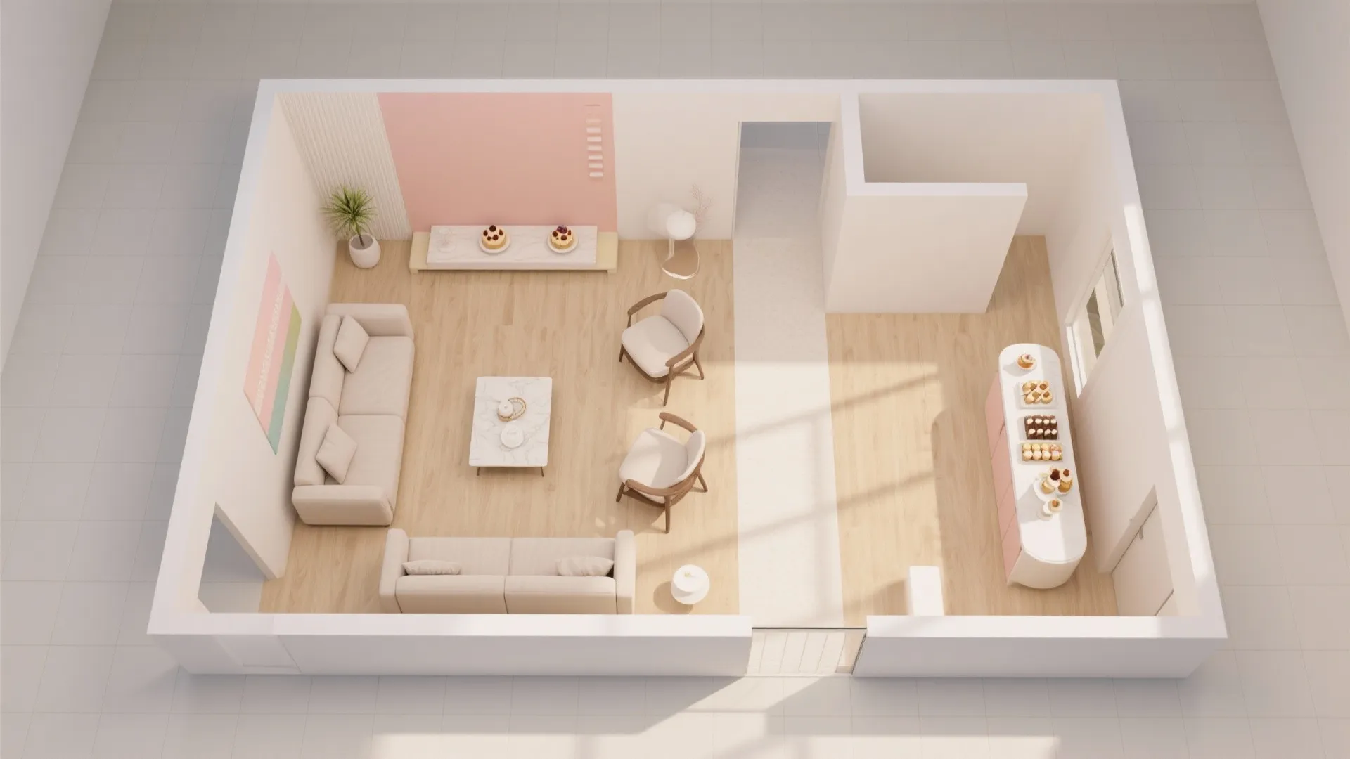 Mixed seating zones: sofa lounge + café-style clusters