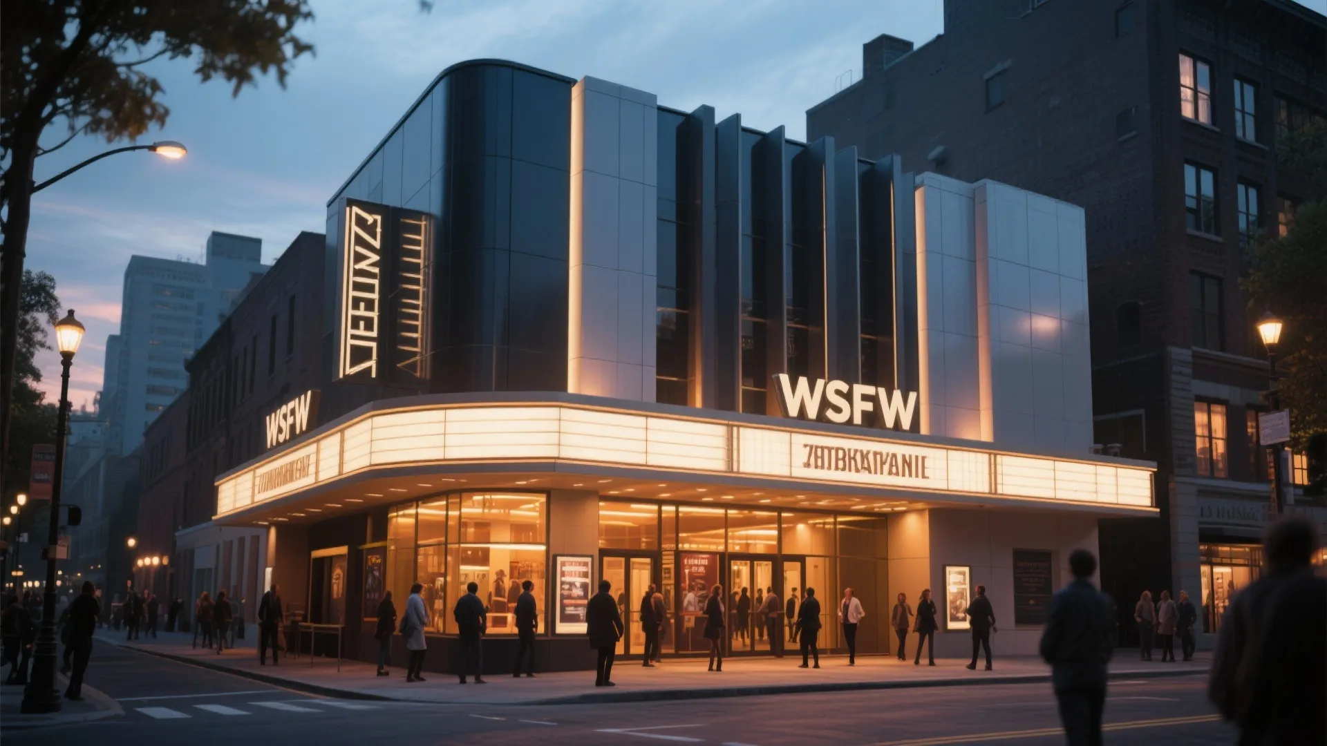 Cinema building exterior at dusk with bright light signs glass doors and people walking nearby