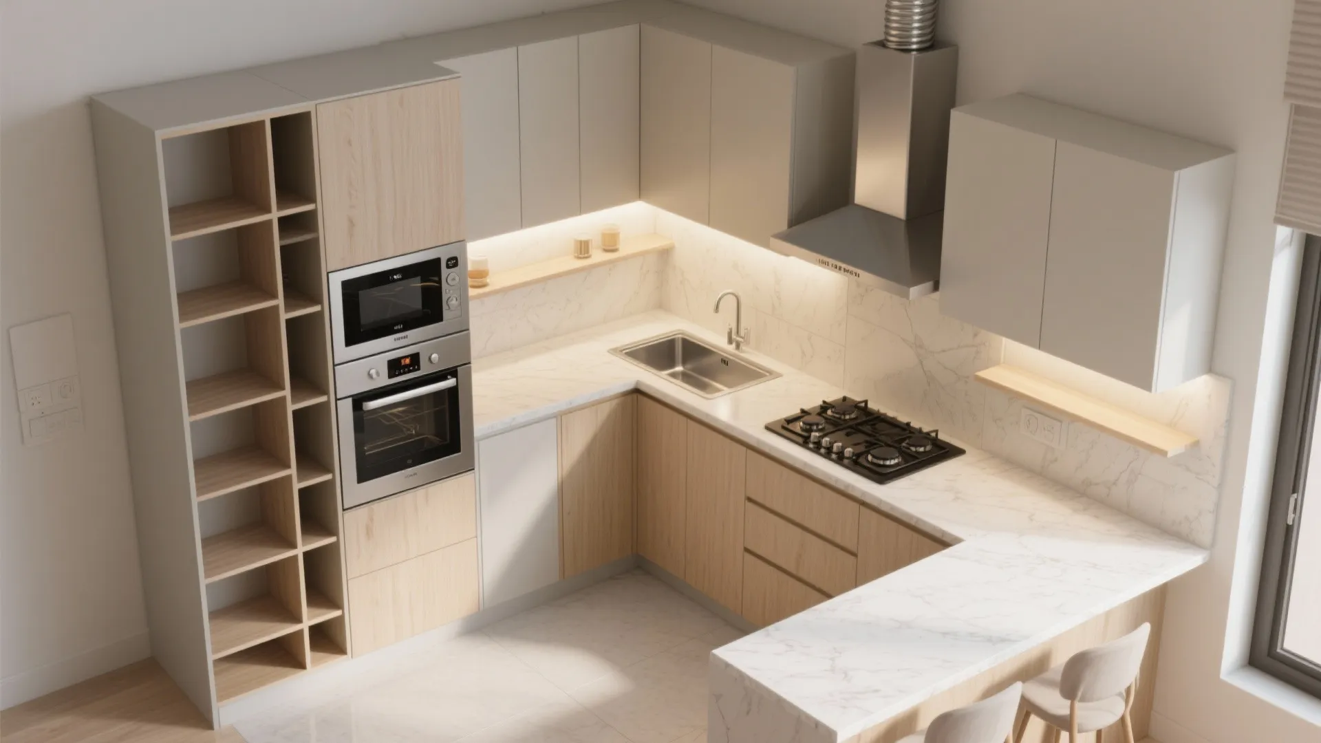 Modern L-shaped kitchen with wooden cabinets white marble countertops built-in oven and a silver sink