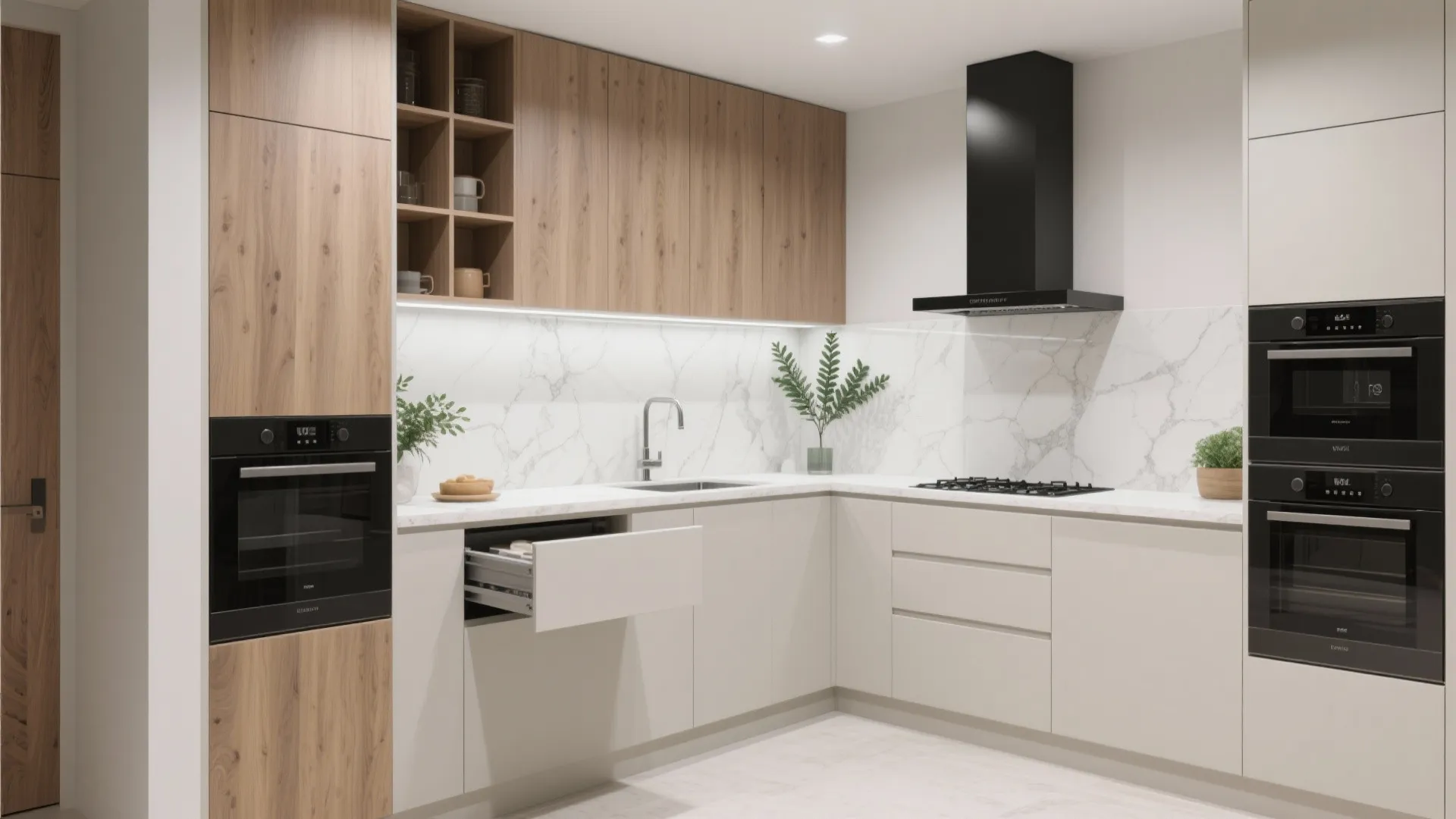 L-Shaped Modular Kitchen With Vertical Storage and Easy Circulation