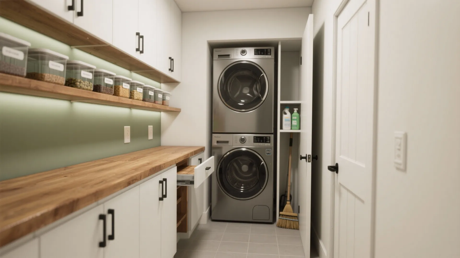Modern laundry pantry room with silver stacked washer dryer white cabinets and wooden storage jars