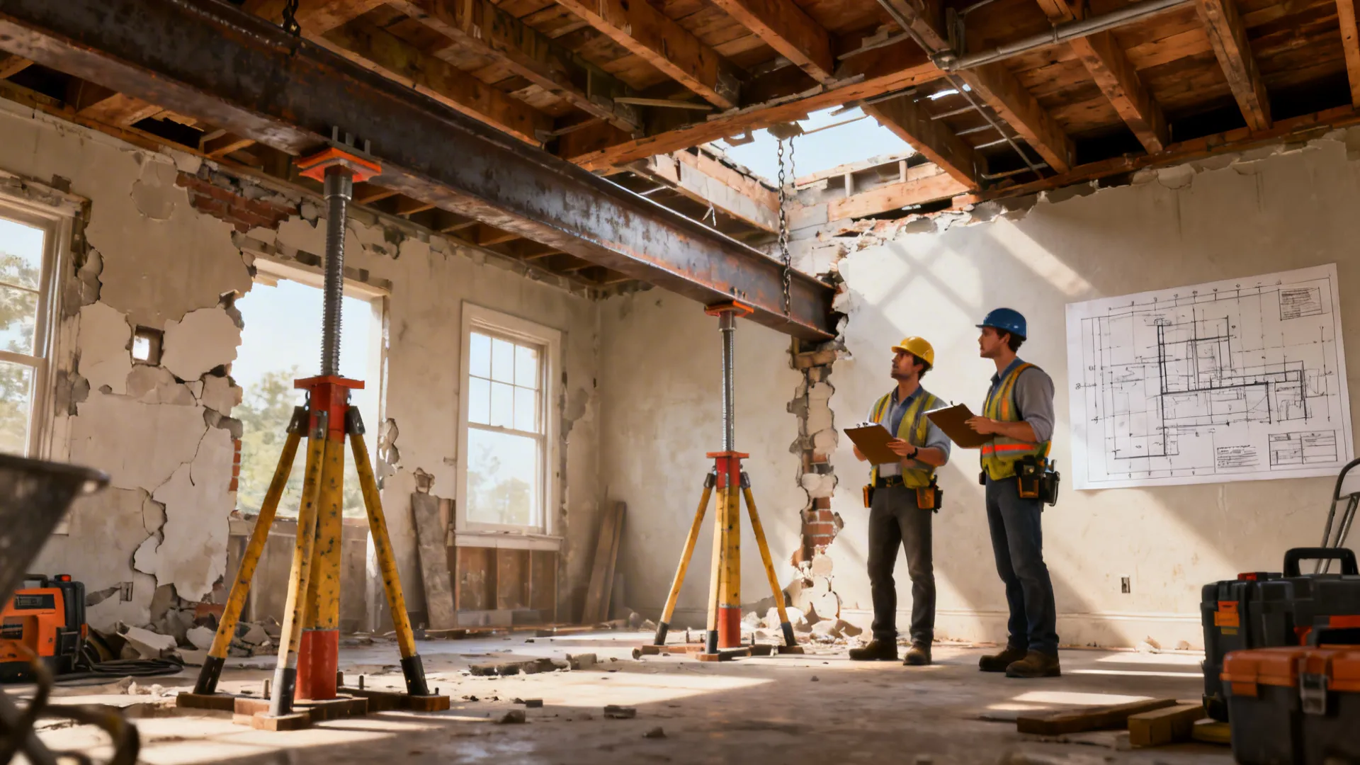 Construction workers checking house renovation with metal beams and an interior design drawing on wall