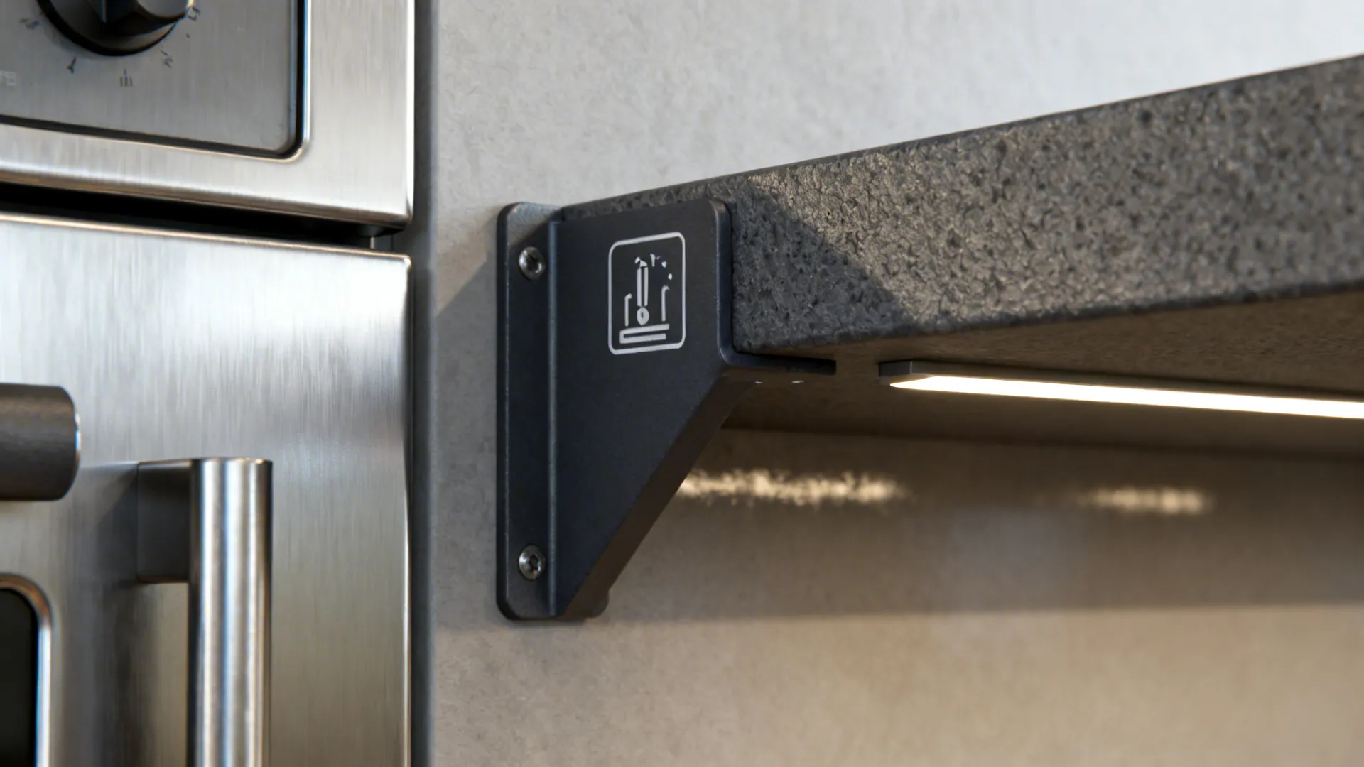 Close up of a black shelf bracket with lighting under a dark stone kitchen shelf