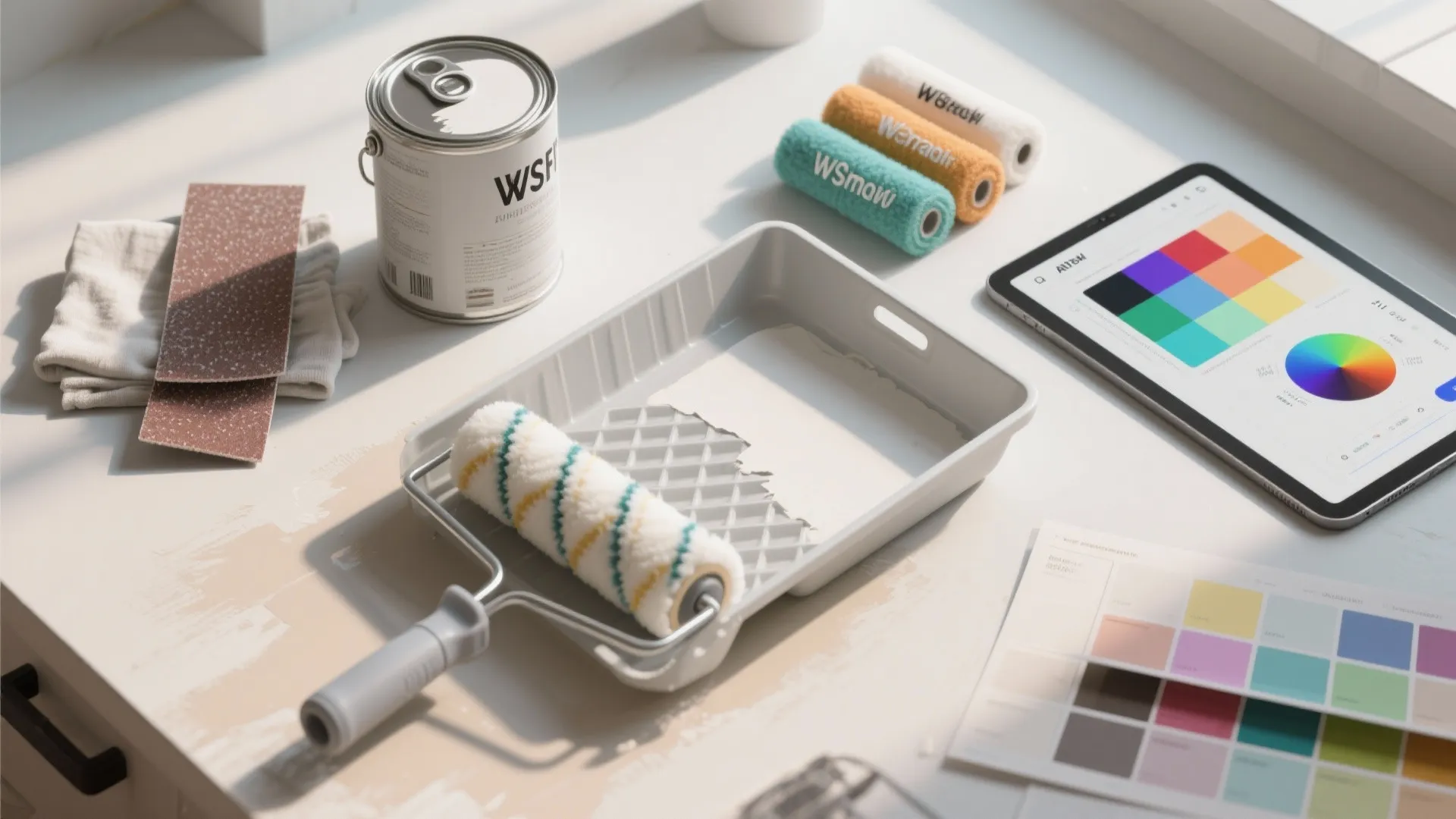 Interior painting tools including paint bucket tray roller brushes tablet with color wheel and swatches