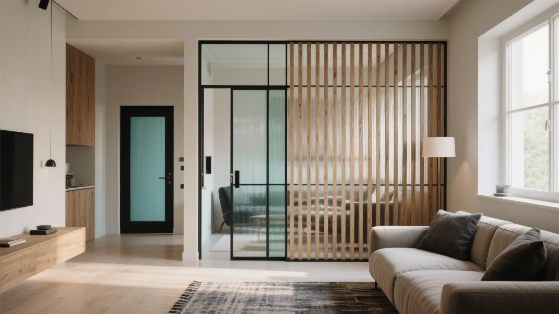 Modern living room featuring a wooden slat wall divider with glass door and beige sofa