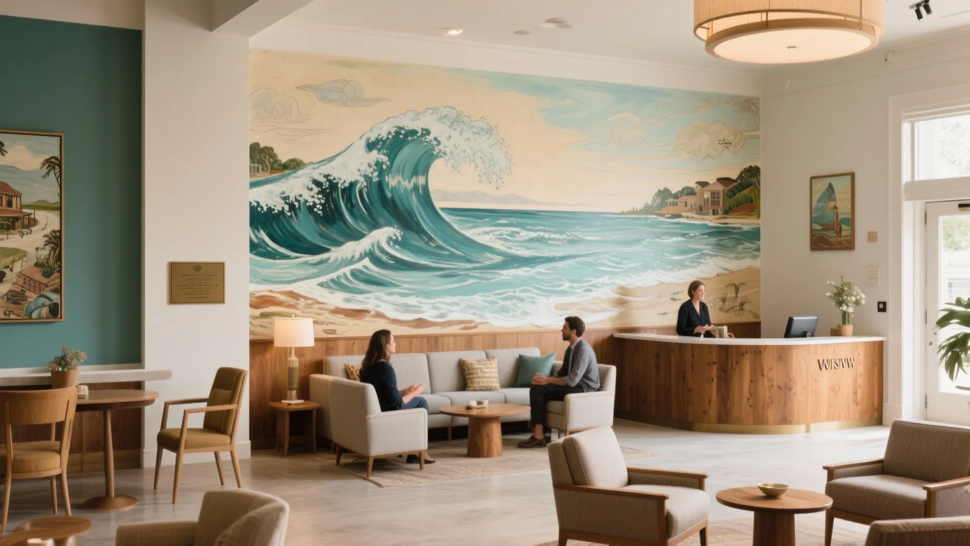 Hotel reception lobby area with large ocean wave wall mural and people sitting on grey sofas