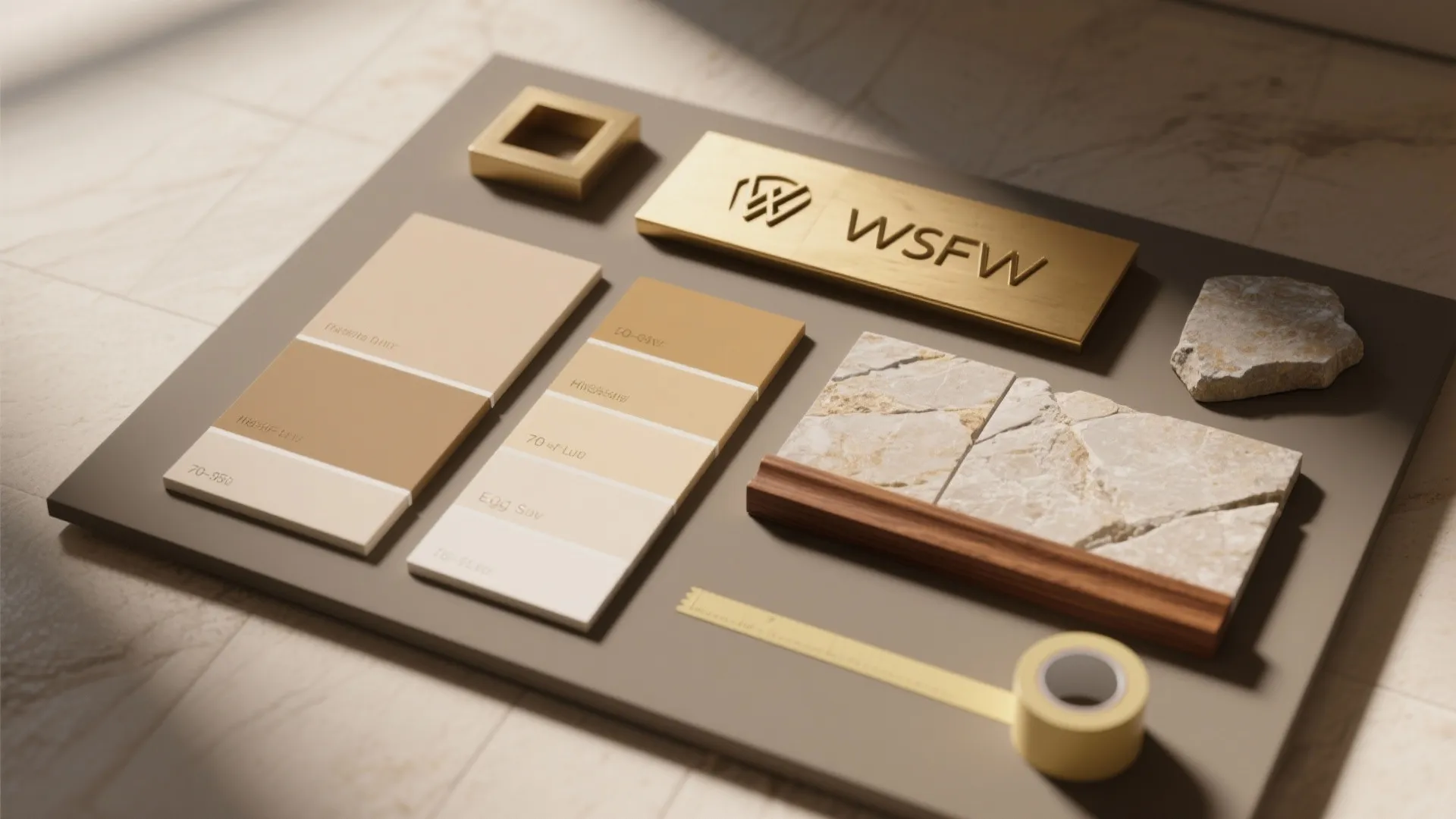 Interior design mood board with beige paint samples stone tiles gold logo and wood panel