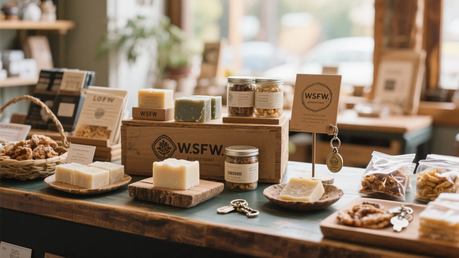 Artisan shop display with handmade soap bars glass jars of nuts and wooden gift box containers