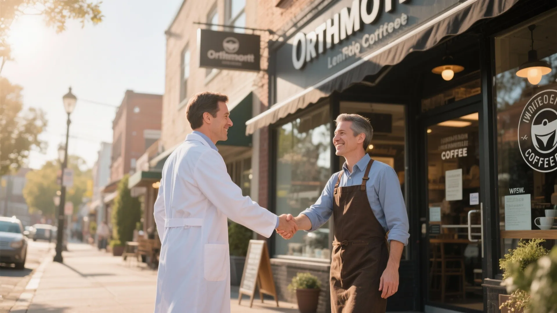 Man in white coat shaking hands with shop owner wearing brown apron standing outside cafe