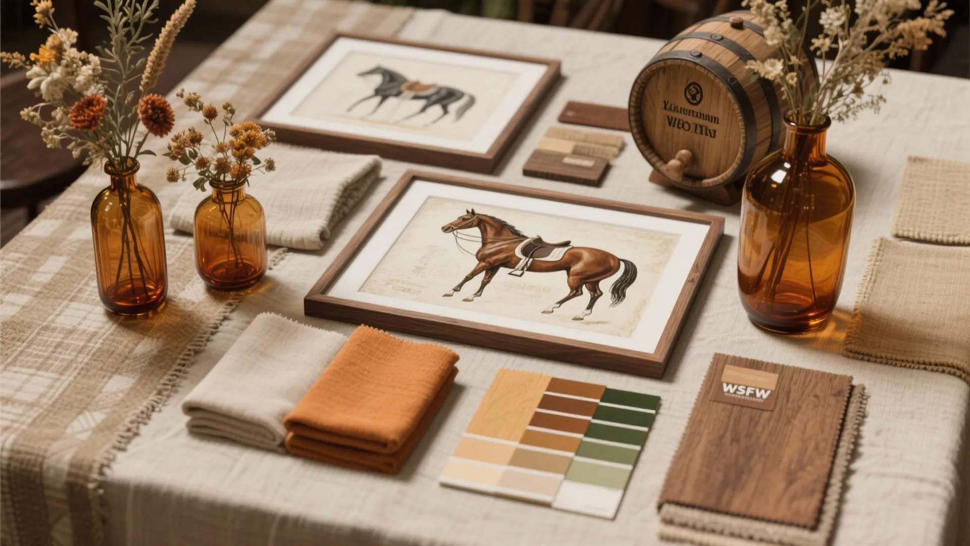 Moodboard flatlay of local Lexington elements: equestrian artwork, bourbon accents, amber glass, and neutral fabric swatches.