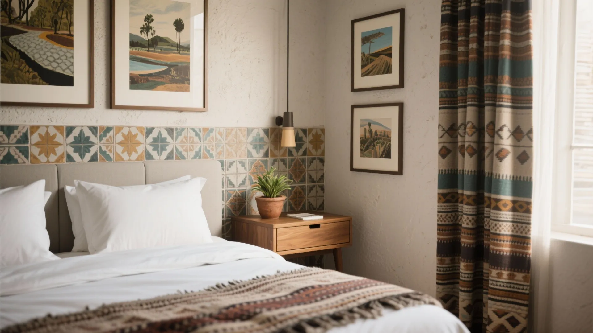 Boutique hotel bedroom with local textiles and framed artwork accents