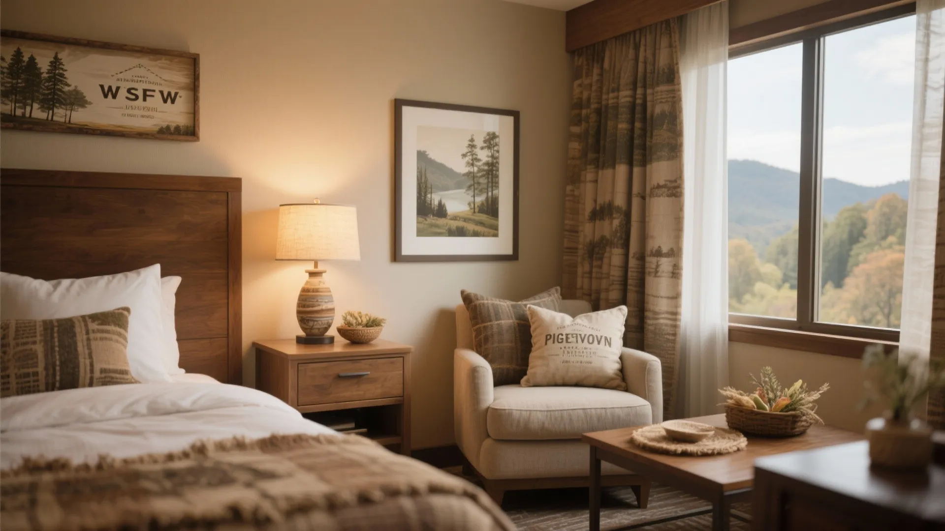 Suite corner with subtle Pigeon Forge accents: rustic textiles and nature-inspired artwork.