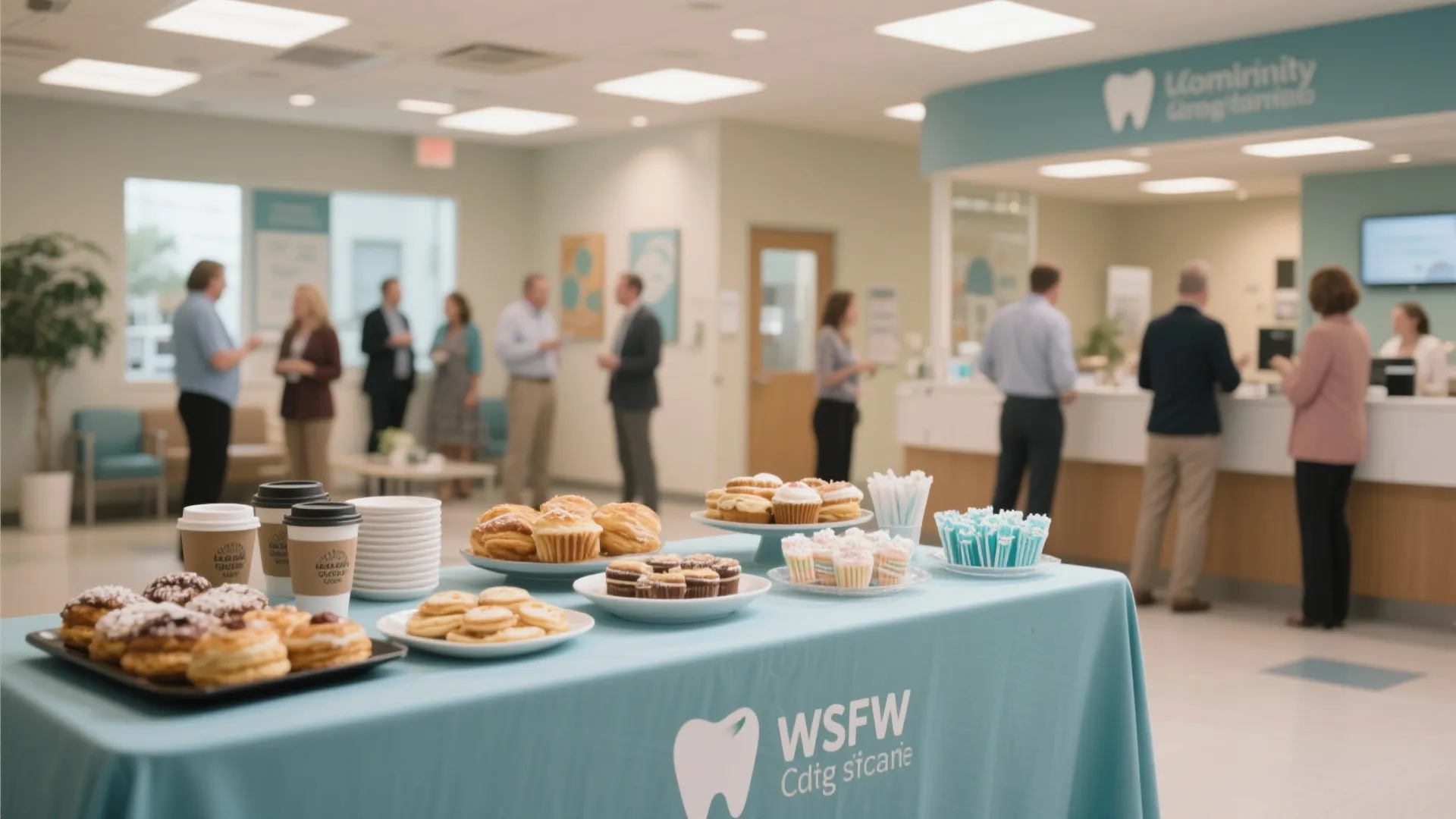 Modern dental clinic reception area with people gathering around a table of snacks and coffee
