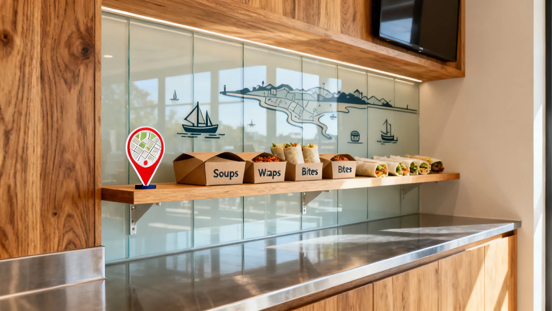 Pickup shelf with subtle neighborhood map pins and comfort-food packages by a glass backsplash.