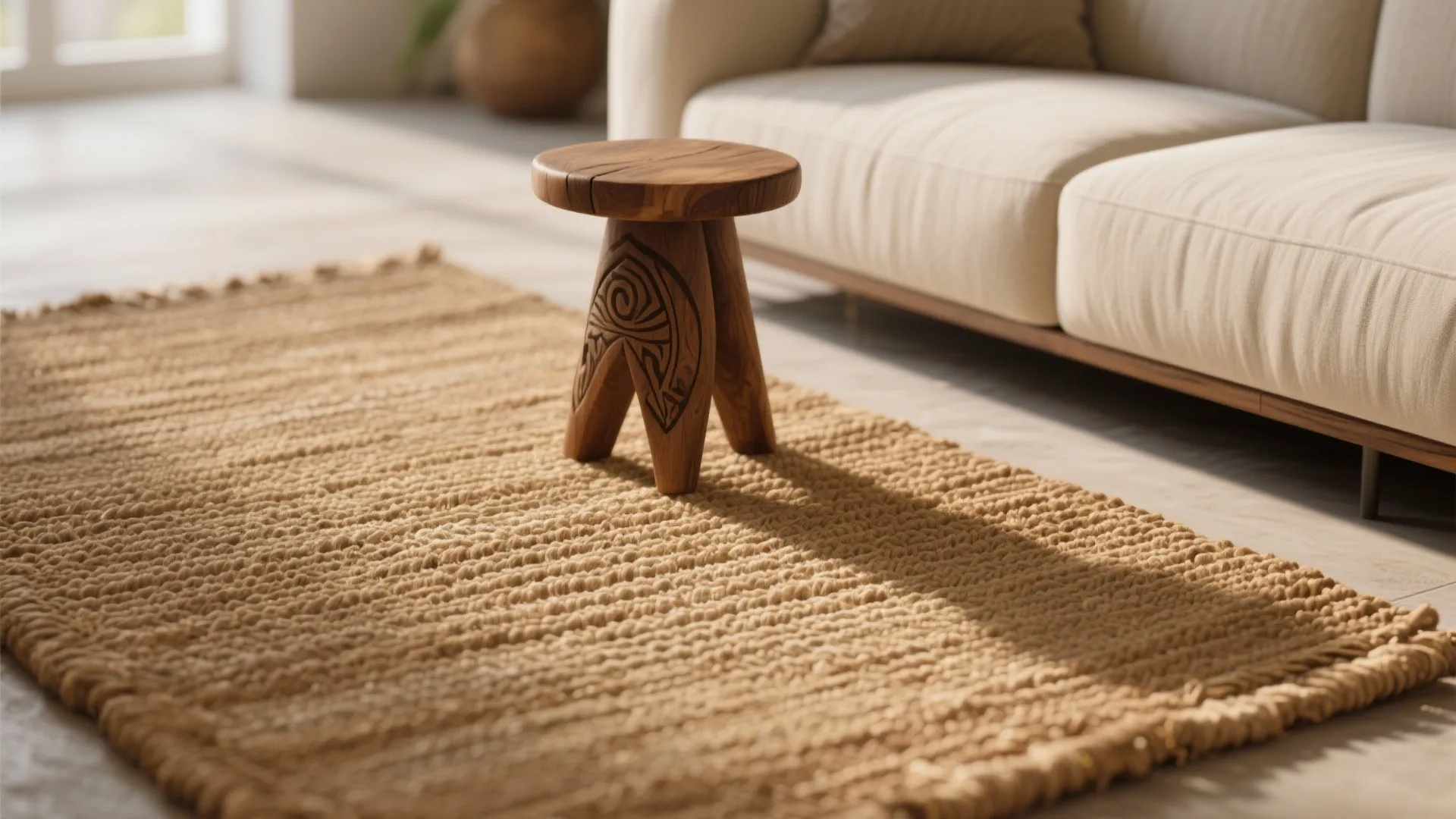 Small carved wooden footrest on a textured woven rug next to a white fabric sofa seat