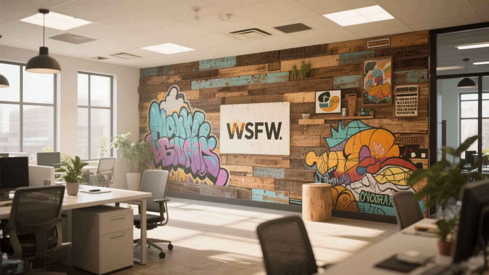Creative office workspace featuring a wooden wall with colorful art white desks and black chairs