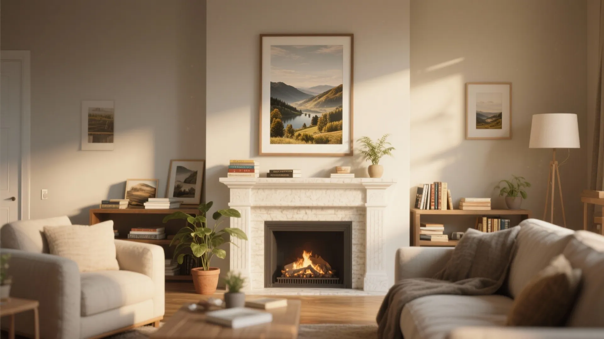 Warm living room featuring a white fireplace with landscape painting above and two beige sofas