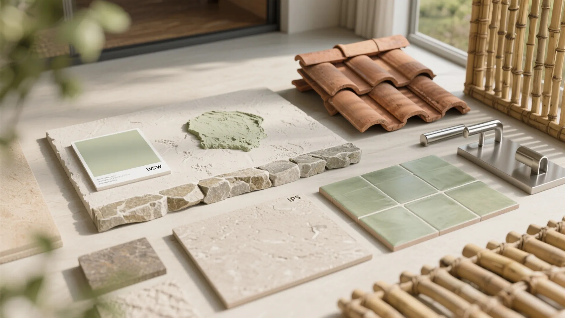 Flatlay of lime plaster, local stone, IPS floor, vitrified tile, clay tile, bamboo, and hardware.