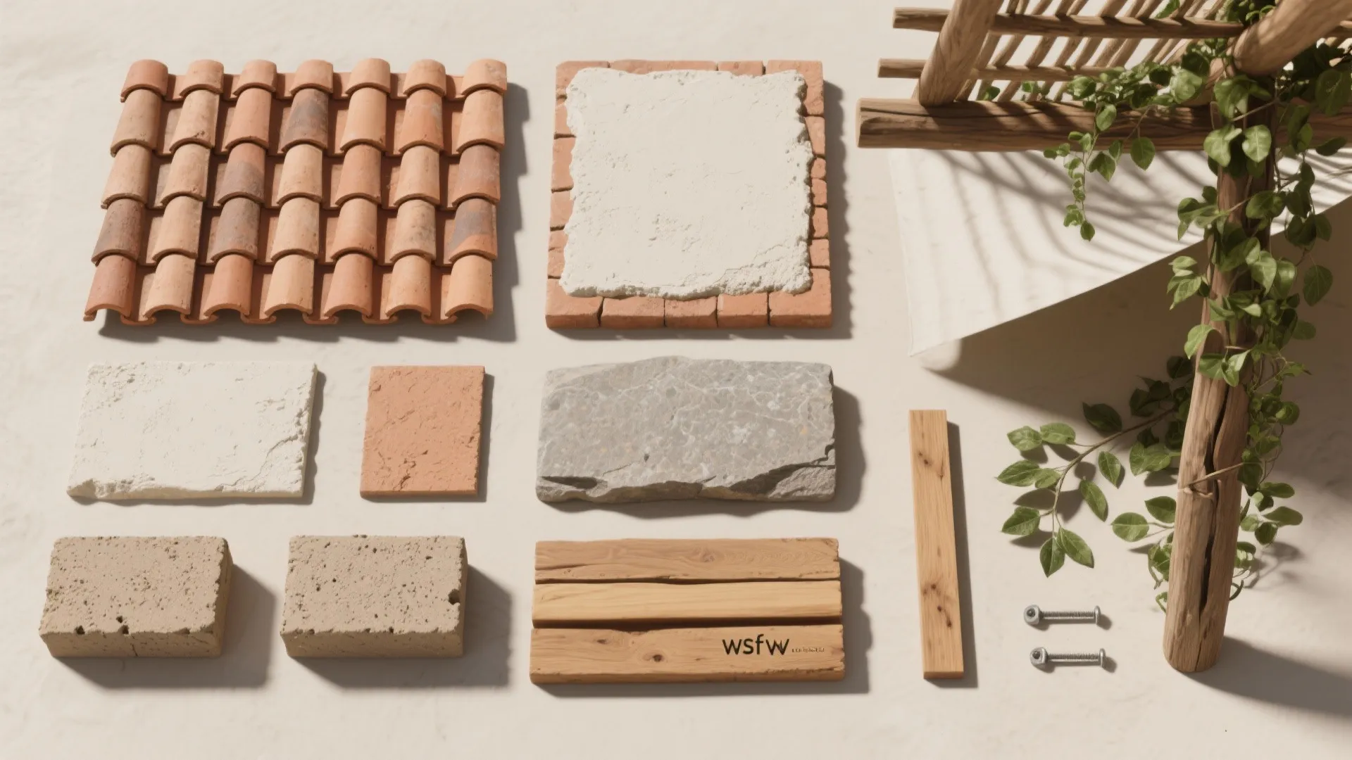 Collection of building materials like clay roof tiles bricks stones and wood on neutral ground