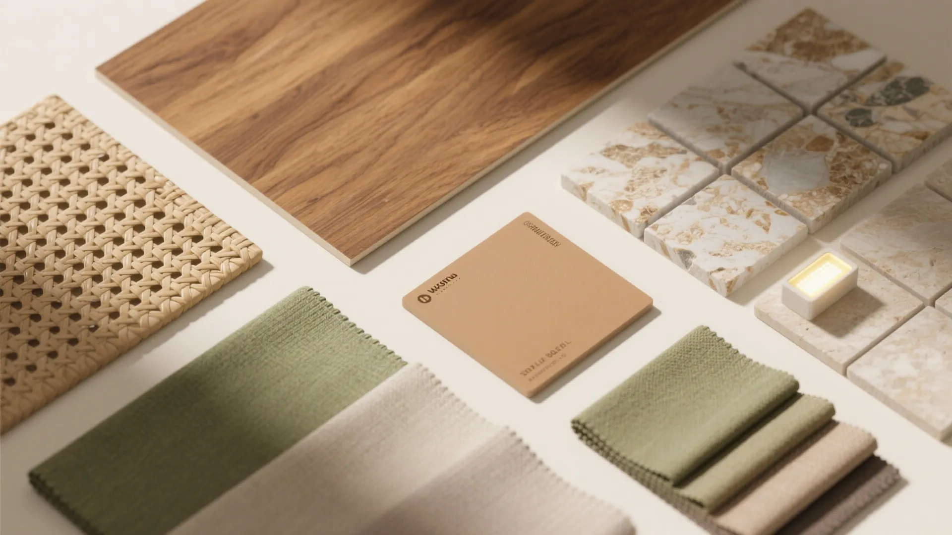 Flat lay of interior design materials including wood floor tile marble fabric and woven textures