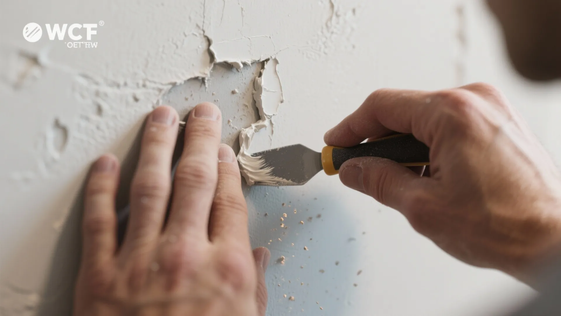 Macro view of sanding and patching a blistered paint area with a putty knife