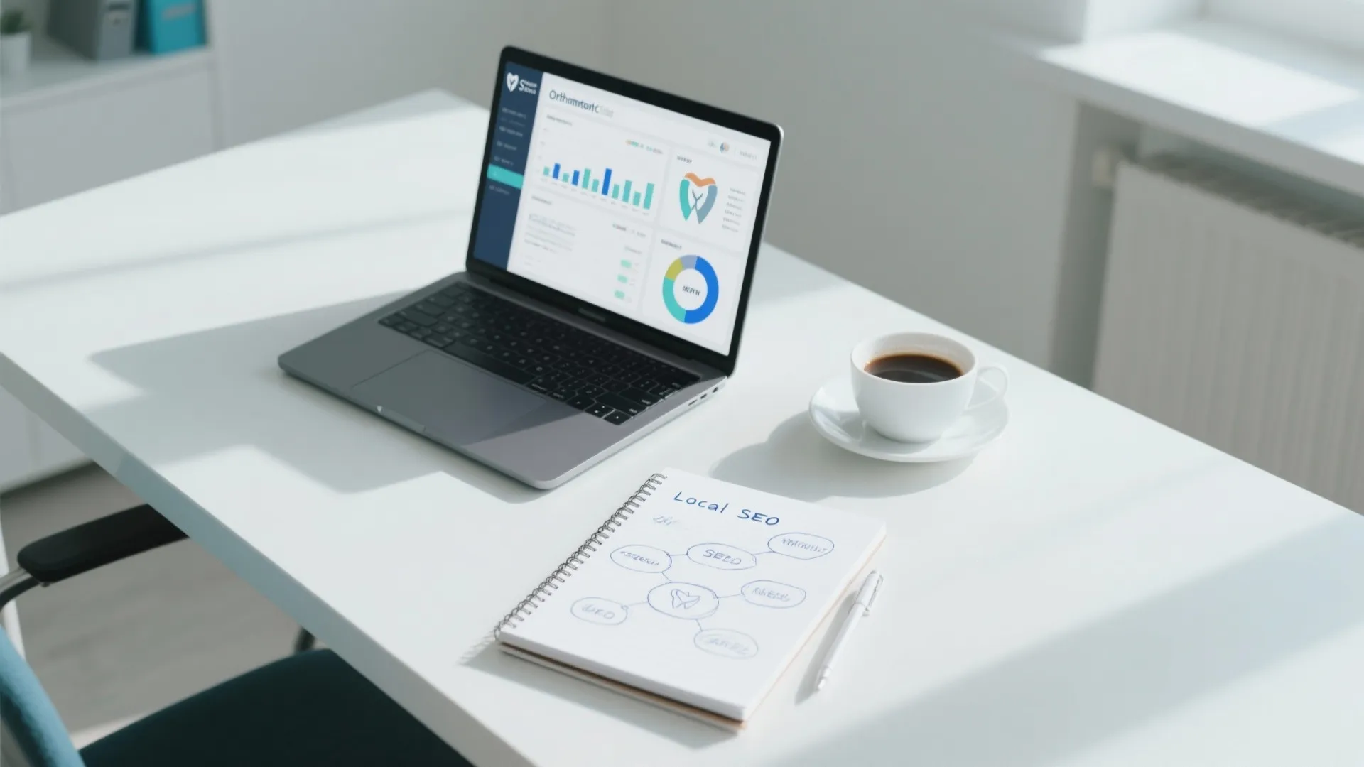Laptop showing data charts and a notebook on a white desk with a coffee cup nearby