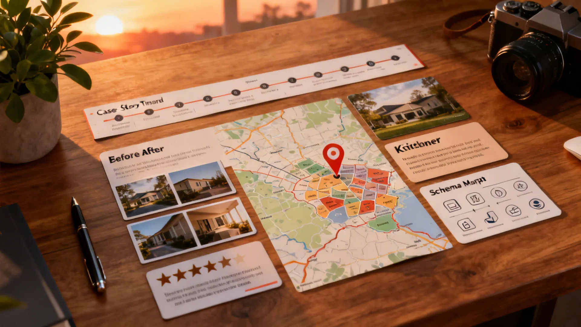 Desk scene with location map pins, before-and-after cards, timeline strips, and testimonial elements.