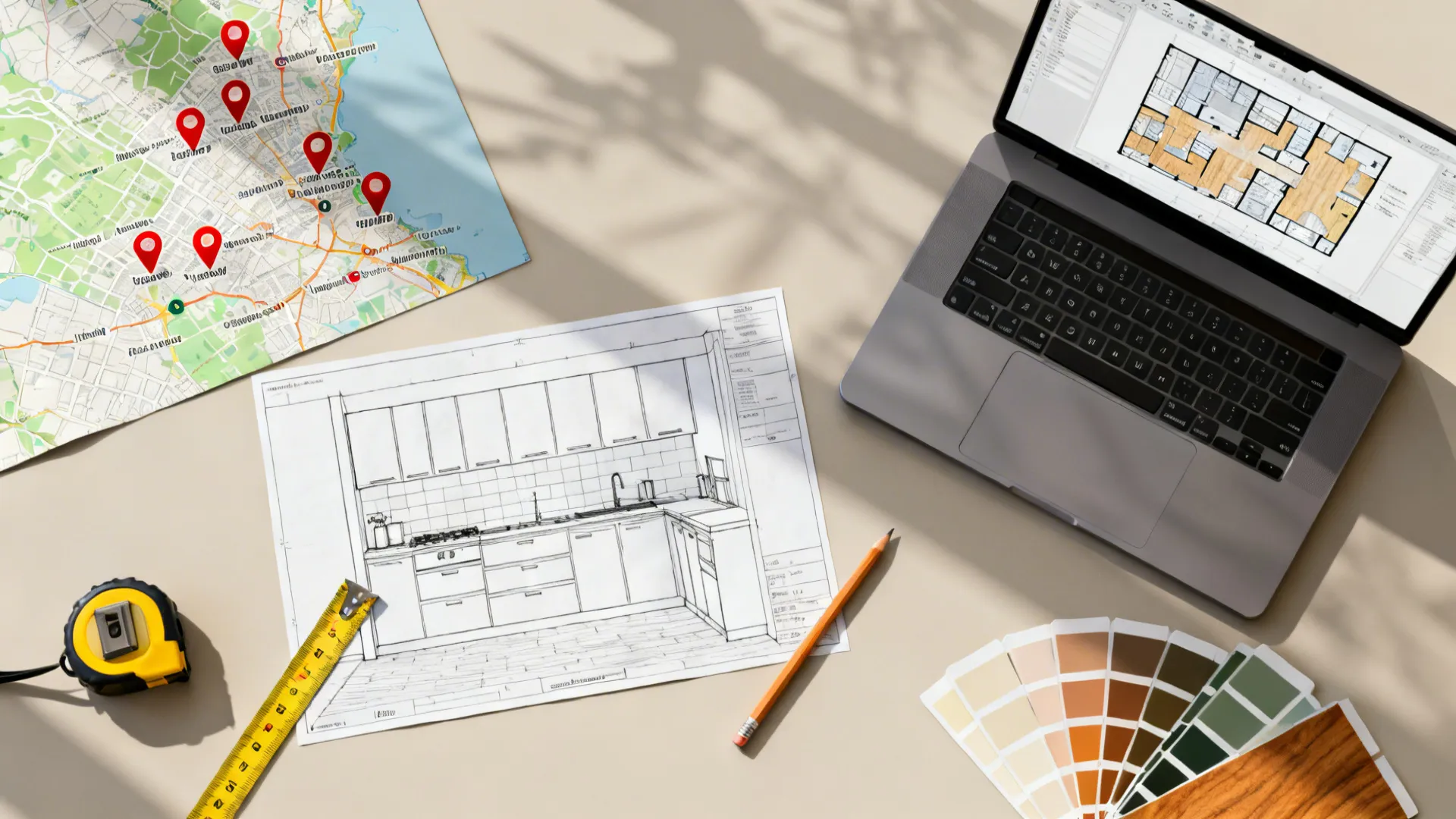 Top-down planning desk with city map, pins, kitchen plan, and material swatches.